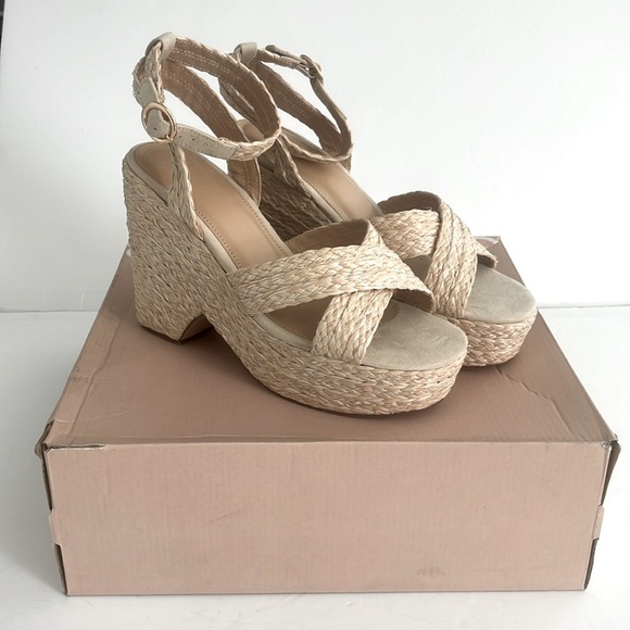 JUSTFAB Mia Natural Raffia Wedge Sandal Tan Chunky Heel Platform Shoes Size 8.5 - Picture 11 of 15
